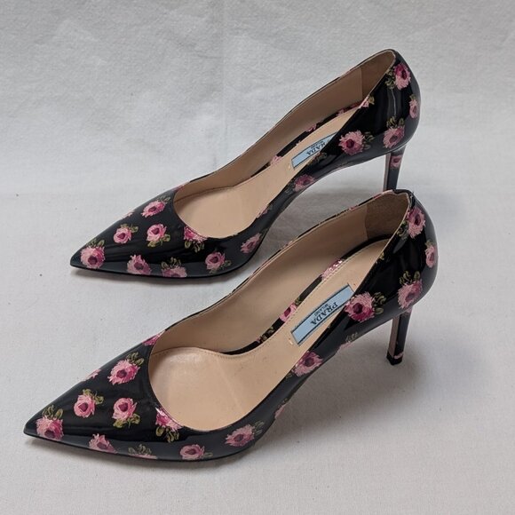 Prada Patent Leather Black with Pink Rose Floral Pumps Heels Size 38 US 8 New - Picture 5 of 8